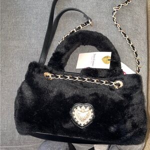 Juicy Couture Love Furry Friends Satchel Fur Handbag with Chain Strap